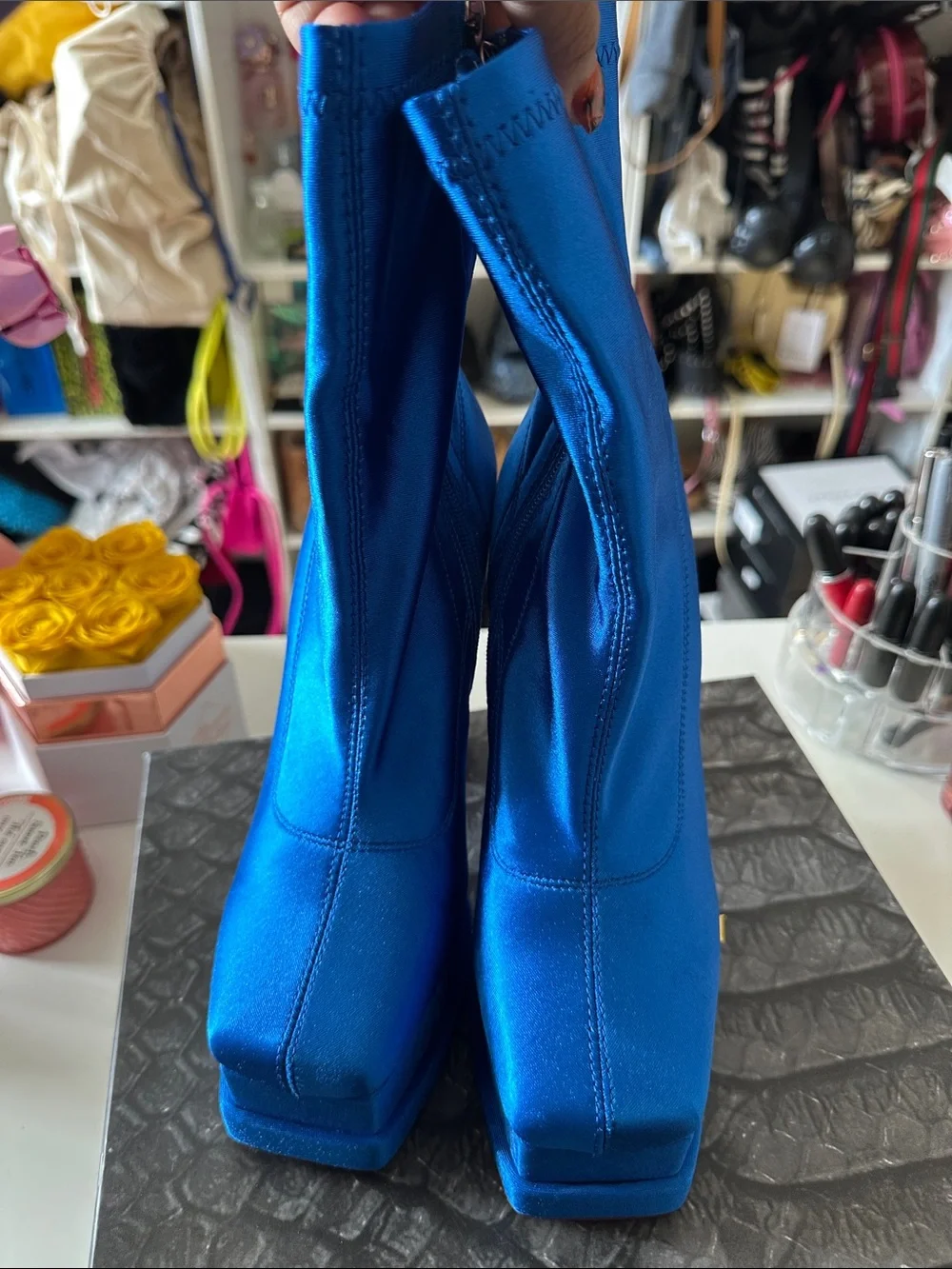 Electric Blue Satin Platform Ankle Boots
